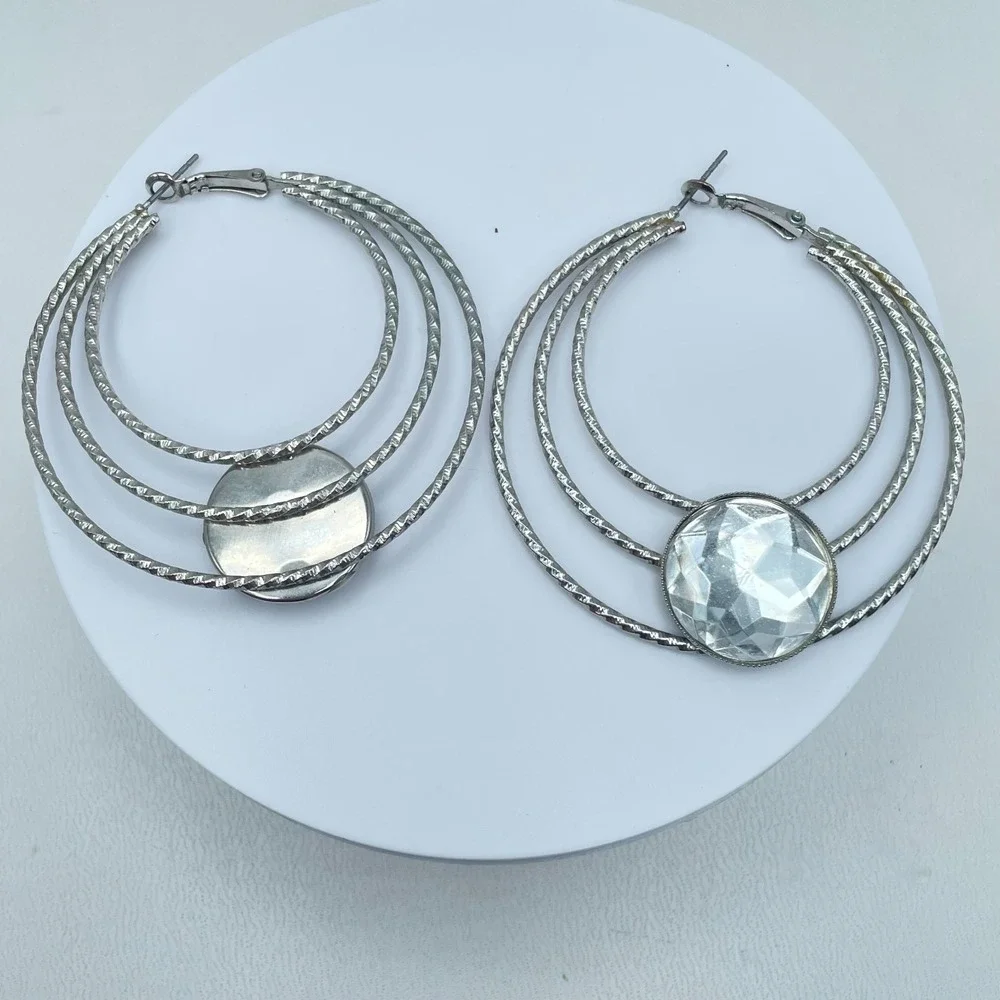 Vintage 80s Silver Tone Triple Hoop Earrings Clear Glass Women's Classic Jewelry
